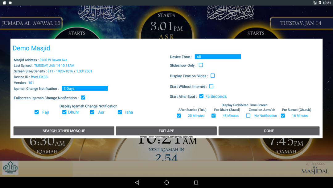 Content by Screen (Zones) Masjidal